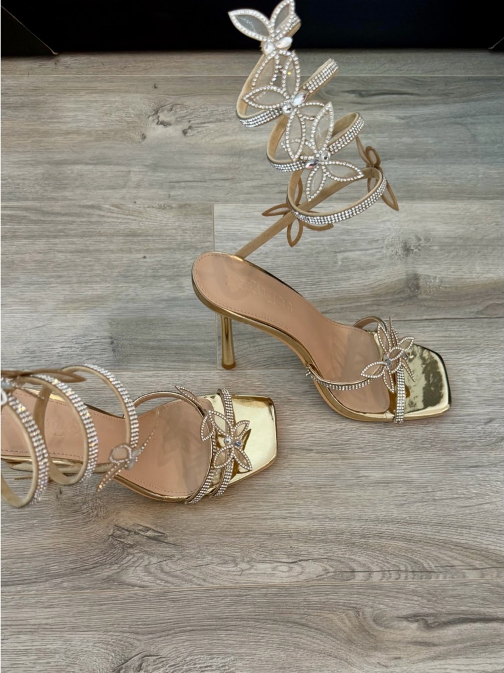 refuge Gold Rhinestone Floral Wrap Stiletto Sandals